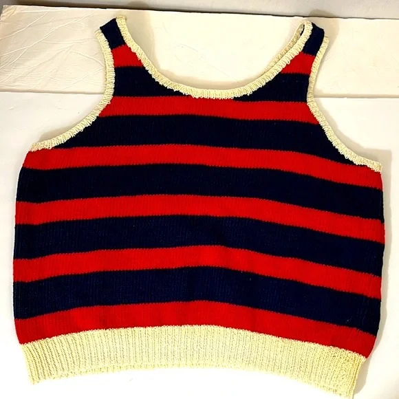 Hand-knit nautical striped anchor fishermen tank sweater navy blue red cropped - Picture 4 of 4